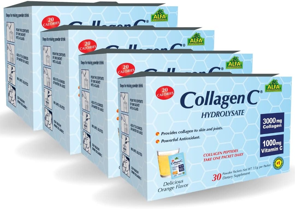 ALFA VITAMINS Collagen C, Hydrolysate Toz Supplement, C 1000 mg, Gluten Free Hydrolyzed Collagen for Skin, Hair, Nails, Ortak & Bone Support, Antioksi, 30 Sachets per Box, 4 Pack,