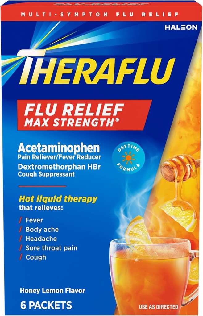 Theraflu Max Strength Daytime Flu Medicine for Flu Symptom Relief with Acetaminophen and Dextromethorphan HBr, Honey Lemon Flavored - 6 Powder Packets