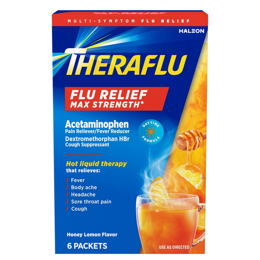 Theraflu Max Strength Daytime Flu Medicine for Flu Symptom Relief with Acetaminophen and Dextromethorphan HBr, Honey Lemon Flavored - 6 Toz Packets