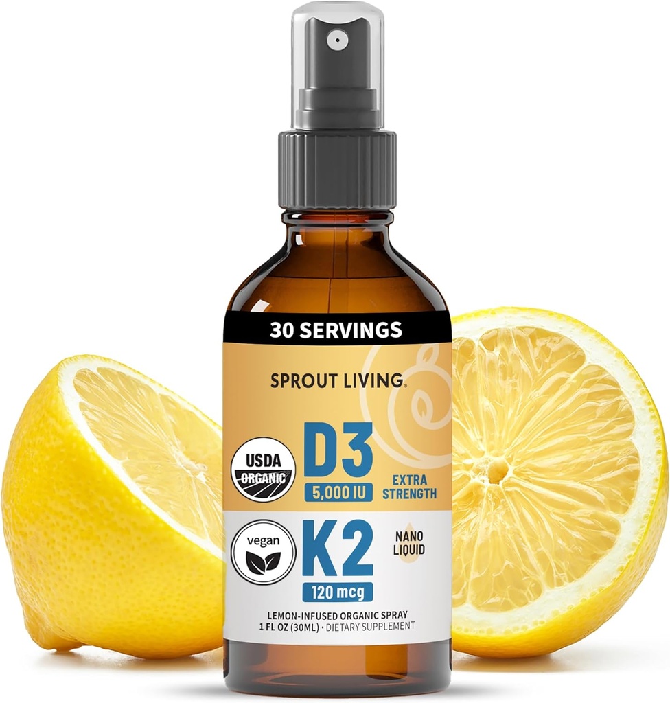 Organik D3 5000 IU (Lichen) + K2 120 mcg (Fermented Chickpea), Immune, Bone & Heart Health withuba Abors | Trace Minerals, Lemon & Citrus, Sugar Free, Spray (1 FL OZ, 30 hizmet)