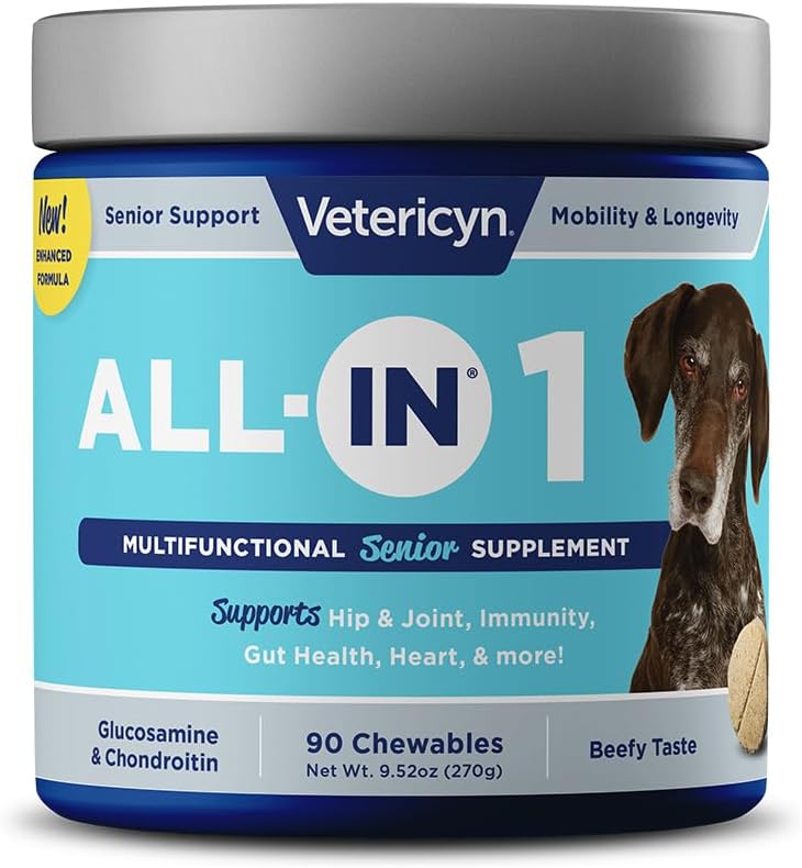 Vetericyn All-in 1 Multi function Senior Dog Supplement | Digestive Enzymes + Glucosamine Chondroitin for Hip and Common Support + Vitamins, Antioksis, Prebiyotiks, Probiyotiks ve Omegas. 90 Kont