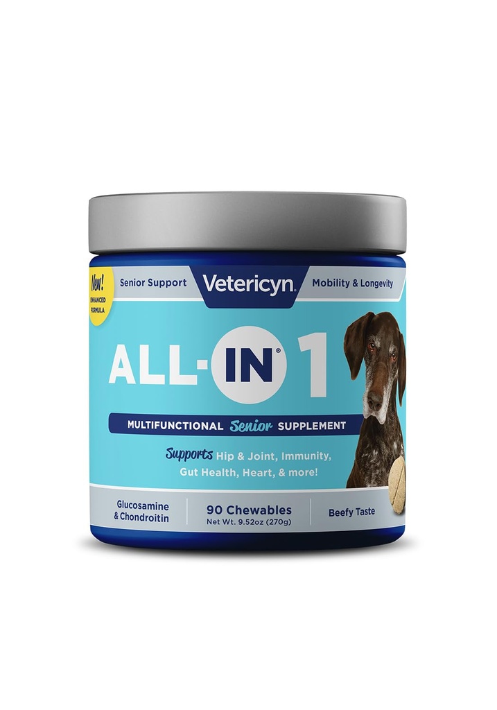 Vetericyn All-in 1 Multi function Senior Dog Supplement | Digestive Enzymes + Glucosamine Chondroitin for Hip and Common Support + Vitamins, Antioksis, Prebiyotiks, Probiyotiks ve Omegas. 90 Kont