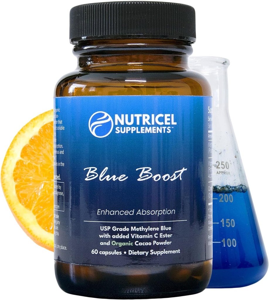 Nutricel μεθυλένιο μπλε κάψουλες - Φαρμακευτικό συμπλήρωμα Βαθμού - Trusted Made in America Brand - 12mg (USP Αναφορά Compliant) με βιταμίνη C Ester Ενισχυμένη Απορρόφηση - Third Party Tested (60ct)