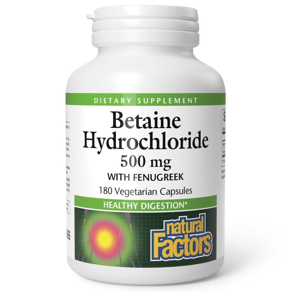 Doğal Faktörler, Betaine HCL 500 mg, Sağlıklı Digestion ve Sağlıklı Mikrobiyome, 180 kapsül (180 hizmet)