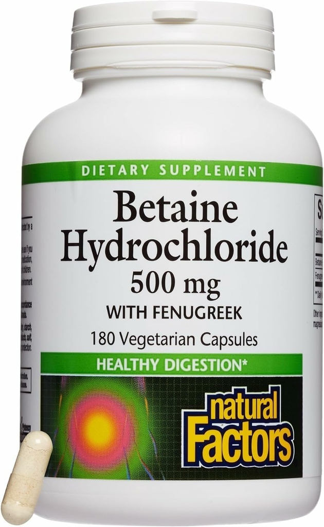 Doğal Faktörler, Betaine HCL 500 mg, Sağlıklı Digestion ve Sağlıklı Mikrobiyome, 180 kapsül (180 hizmet)