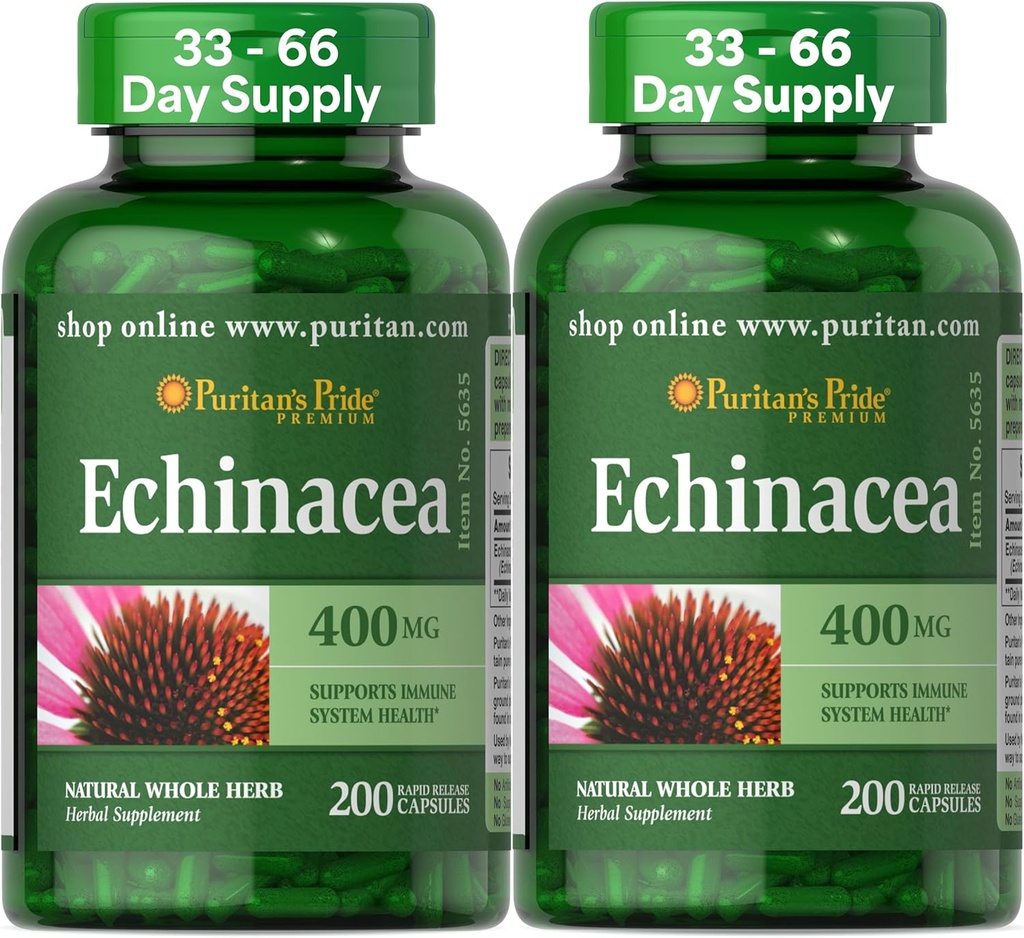 Puritan's Pride Premium Echinacea Natural Whole Herb Herbal Supplement 400 mg, Diyetsel Supplement for Health, Immune System Support, 200 Rapid release Capsules, 2 Pack