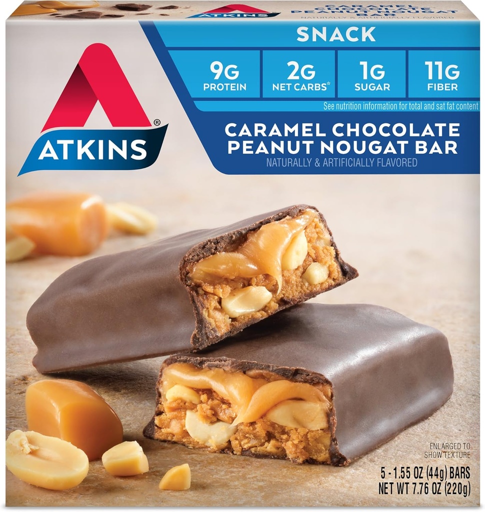 Atkins Caramel Chocolate Peanut Nougat Snack Bar, protein Snack, High in Fiber, 2g Sugar, Keto Friendly, 5 Count