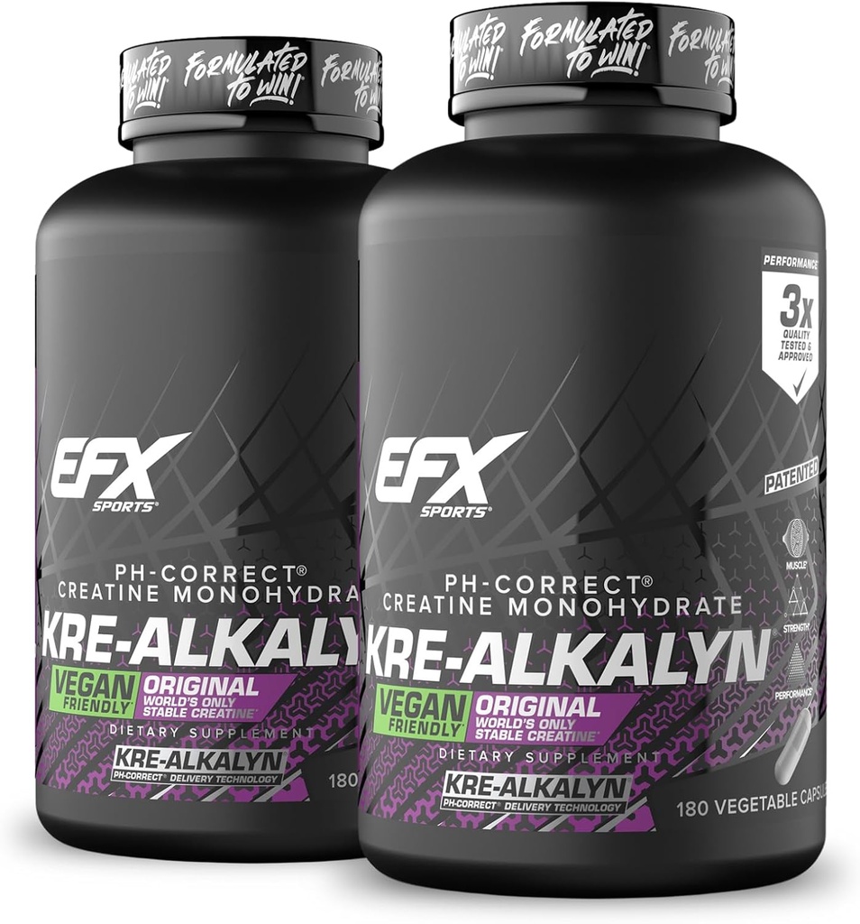 EFX Sports Kre-Alkalyn EFX | pH Doğru Kreatine Monohidrat Pill Supplement | Vegan Dostu | Güçlü & Kas Büyüme | 90 Hizmet, 180 Veggie Capsules (Pack of 2)