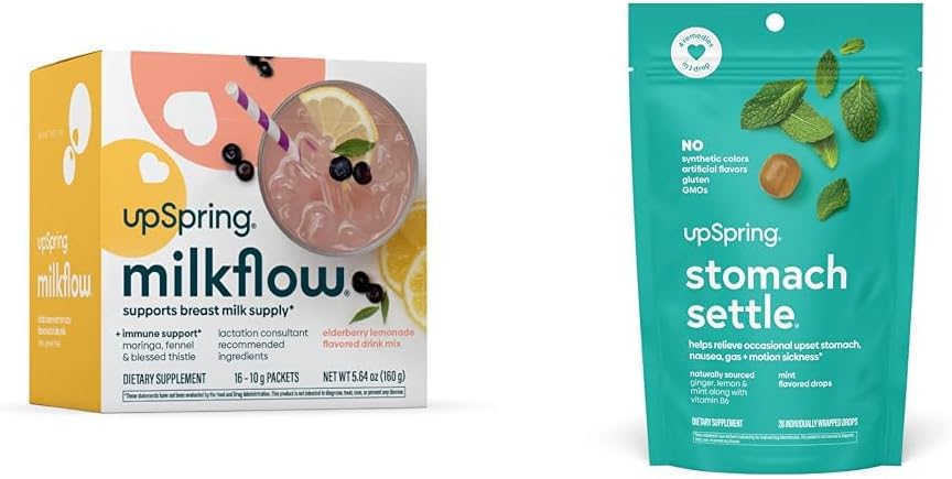 UpSpring Stomach Settle Drops, Mint Flavour, 28 Ct+Milkflow Emziring Supplement Drink Mix with Moringa & feat Thistle, No Fenugreek |Elder Lemonade Flavor | 16 I