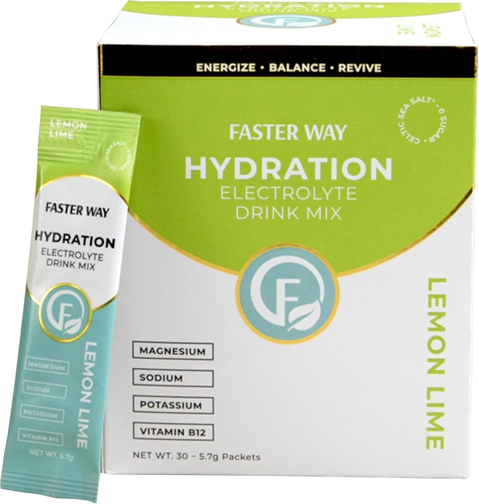 Faster Way - Hydration - Electrolyte Drink Mix - Apple Cider Vinegar, Choline, Probiyotiks & Natural B Vitamins - Energize & Revive - Toz Packets - Zero Sugars -Gluten Free -Lemon Lime -30 Pack