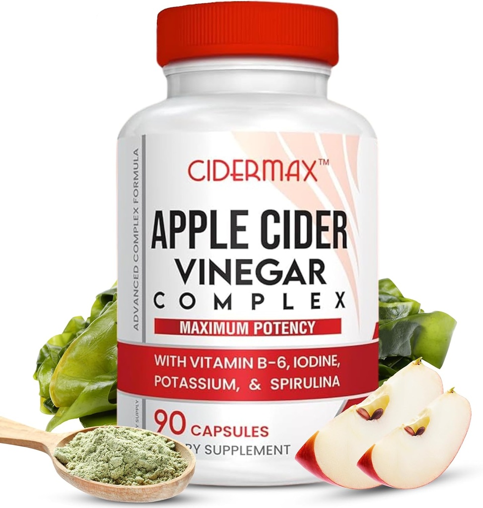 Apple Cider Vinegar Kompleksi Capsules - Gut Support, Balanced Kilo & Body Detox - Tüm Doğal Vitamin B6, Kelp, P Properties, & Spirulina Supplement by Cidermax