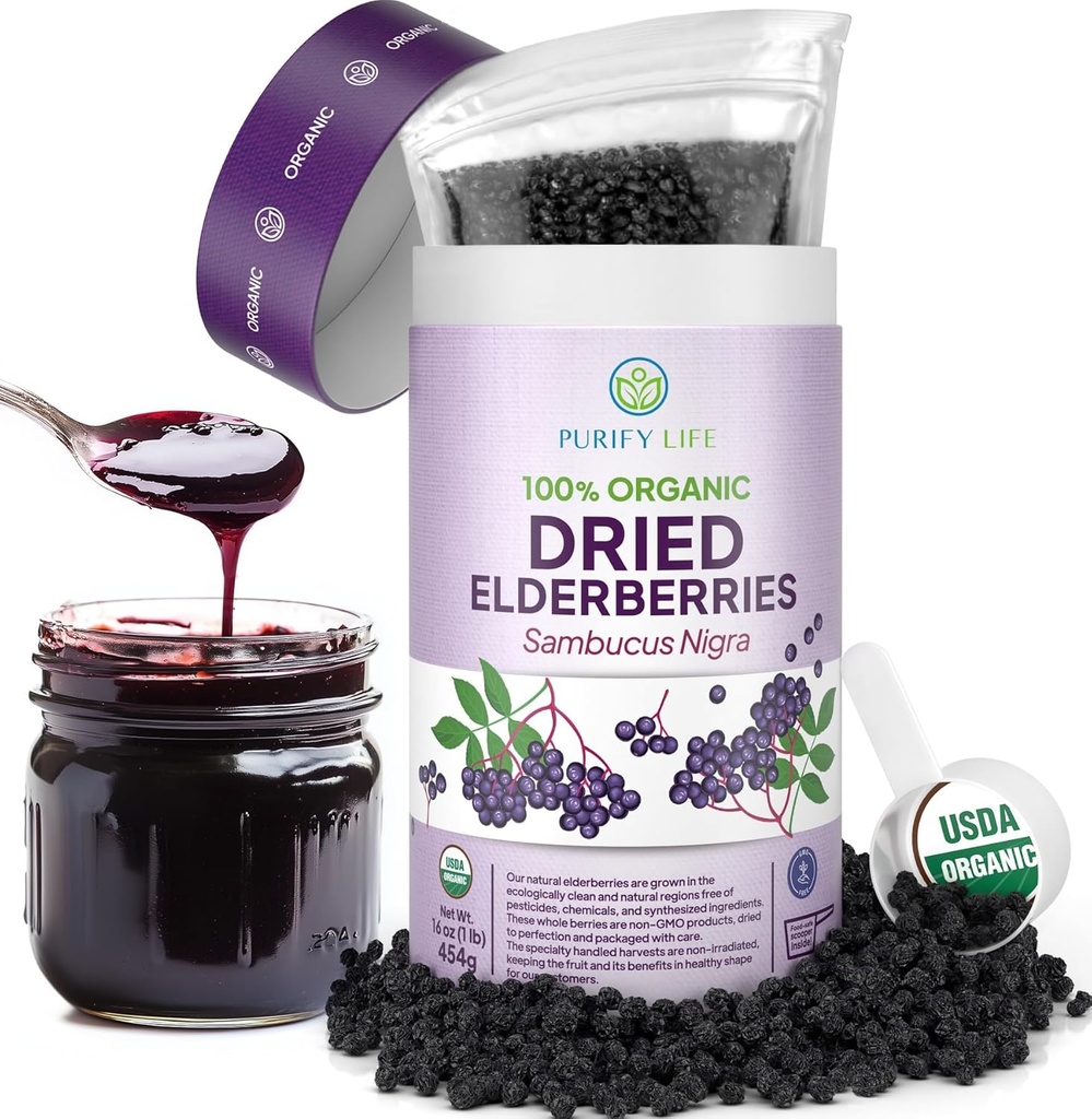 USDA Organik Kuru Yaşlılar 1lb Bulk (Güvenli Ambalaj, Resealable Bag, Faraday-Free Scoop) Doğal, non-irradiated, Raw Whole Black Elderberry, Immune Support, Make Sambucus Elder Syrup, 1 Pound