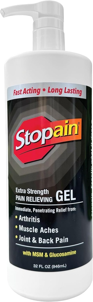 Stopain Pain Relief Gel 32oz, ABD Made, Max Strength Fast Acting with Menthol, MSM, Glucosamine for Common Pain, Back Pain, Arthritis, Diz, Boy Pain, HSA FSA Onaylandı OTC Topical Analgesic Ürün
