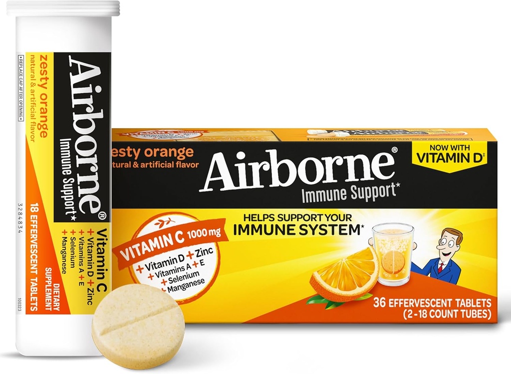 Vitamin C 1000mg (per serving) - Airborne Zesty Orange Effervescent Tablets (36 count in a box), Gluten-Free Immune Support Supplement With Vitamins A C E, ZINC, Selenium, Echinacea & Ginger