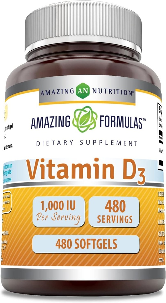 Amazing Formulas Vitamin D3 1000 IU Softgels Supplement | Non-GMO | Gluten Free | Paket ABD'de (1 Pack | 480 Kont)