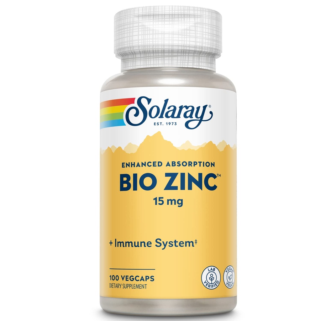 Solaray Bio çinko 15 mg | Sağlıklı Immune System, Endocrin & Hücre Fonksiyonu Desteği | 100 VegCaps