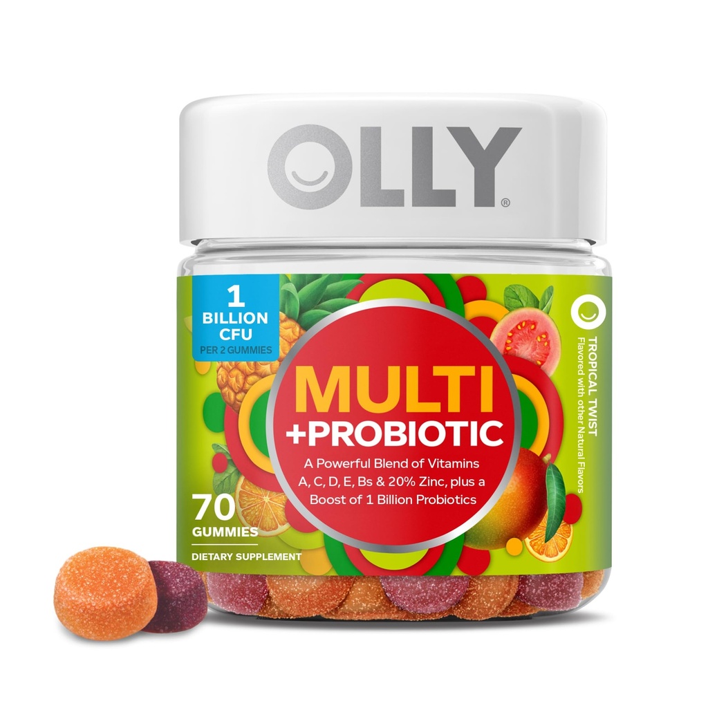 OLLY Multi + Probiotic Adult Multivitamin Gummy, 1 δις CFUs, Digestive και ανοσοποιητική υποστήριξη Chewable συμπλήρωμα, Tropical Twist, 35 ημέρα προσφοράς - 70 Count