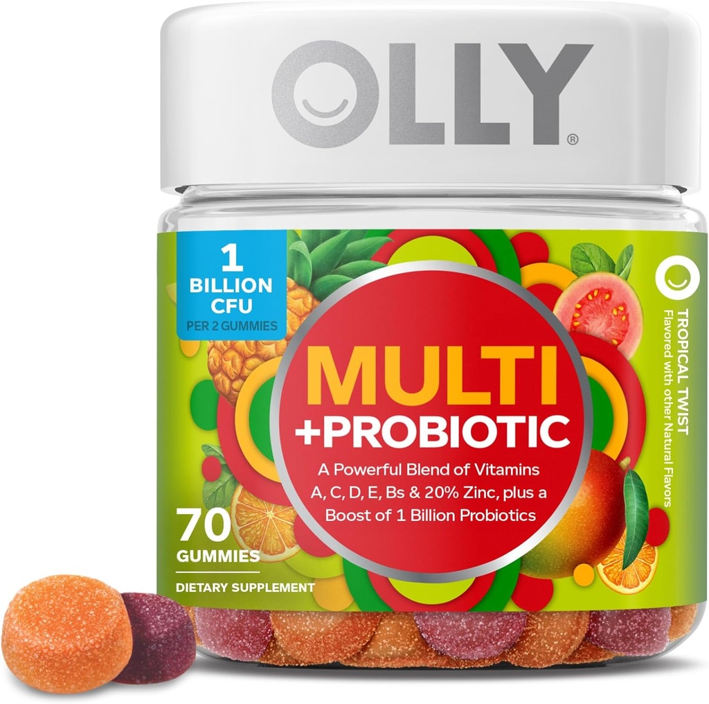 OLLY Multi + Probiyotik Yetişkin Multivitamin Gummy, 1 Milyar CFUs, Digestive and Immune Support Chewable Supplement, Tropikal Twist, 35 Day Supply - 70 Count Count Count