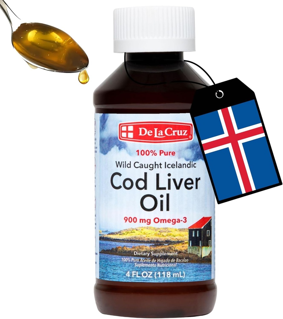 De La Cruz Cod Liver Oil Liquid - Pure Wild-Caught İzlanda Fish Oil 4 FL OZ (118 mL)