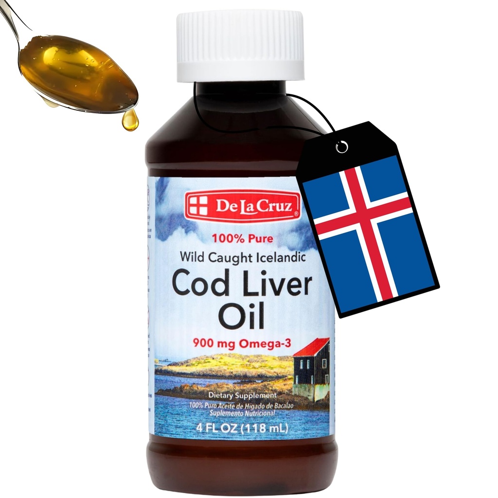 De La Cruz Cod Liver Oil Liquid - Pure Wild-Caught Icelandic Fish Oil 4 FL OZ (118 mL)