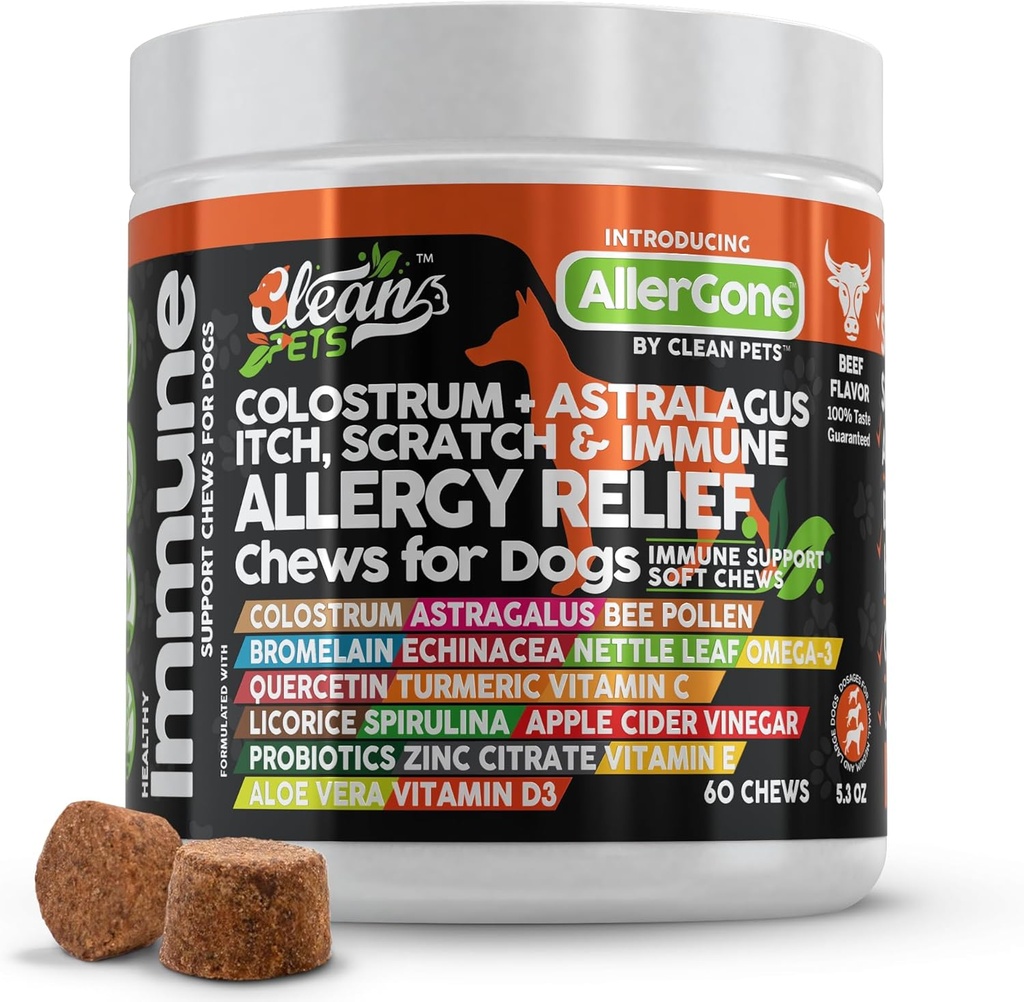 Köpek Alerjisi Yardımı Chews | Itchy Skin Relief for Dogs | Colostrum Astralagus Omega 3 Bee Pollen Bromelain Echinacea Nettle Leaf Quercetin Licorice Rootrulina ACV Immune - 1 Paket