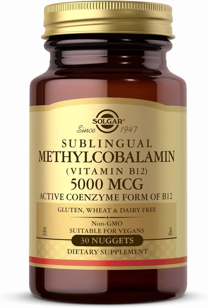 Solgar Methylcobalamin (Vitamin B12) 5000 mcg, 30 Nuggets - Cherry Flavor - Supports Energy Metabolism - Body-Ready, Active Form - Non-GMO, Vegan, Gluten Free - 30 Servings