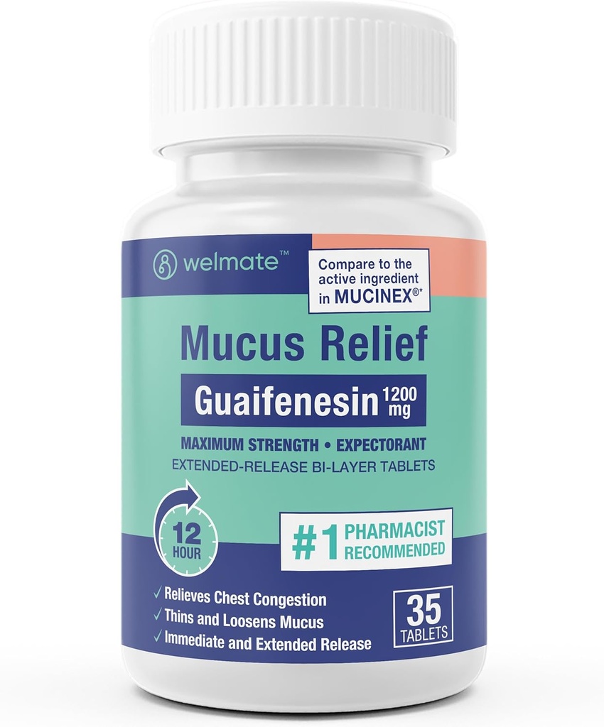 WELMATE - Guaifenesin 1200mg (35 δισκία) - Mucus Relief - Reventorant - Βήχας & Ψυχρός - 12 Hr Υποστήριξη - Εκτεταμένα Διαπελευθερωτικά Δισκία - Over-The-Counter Medication