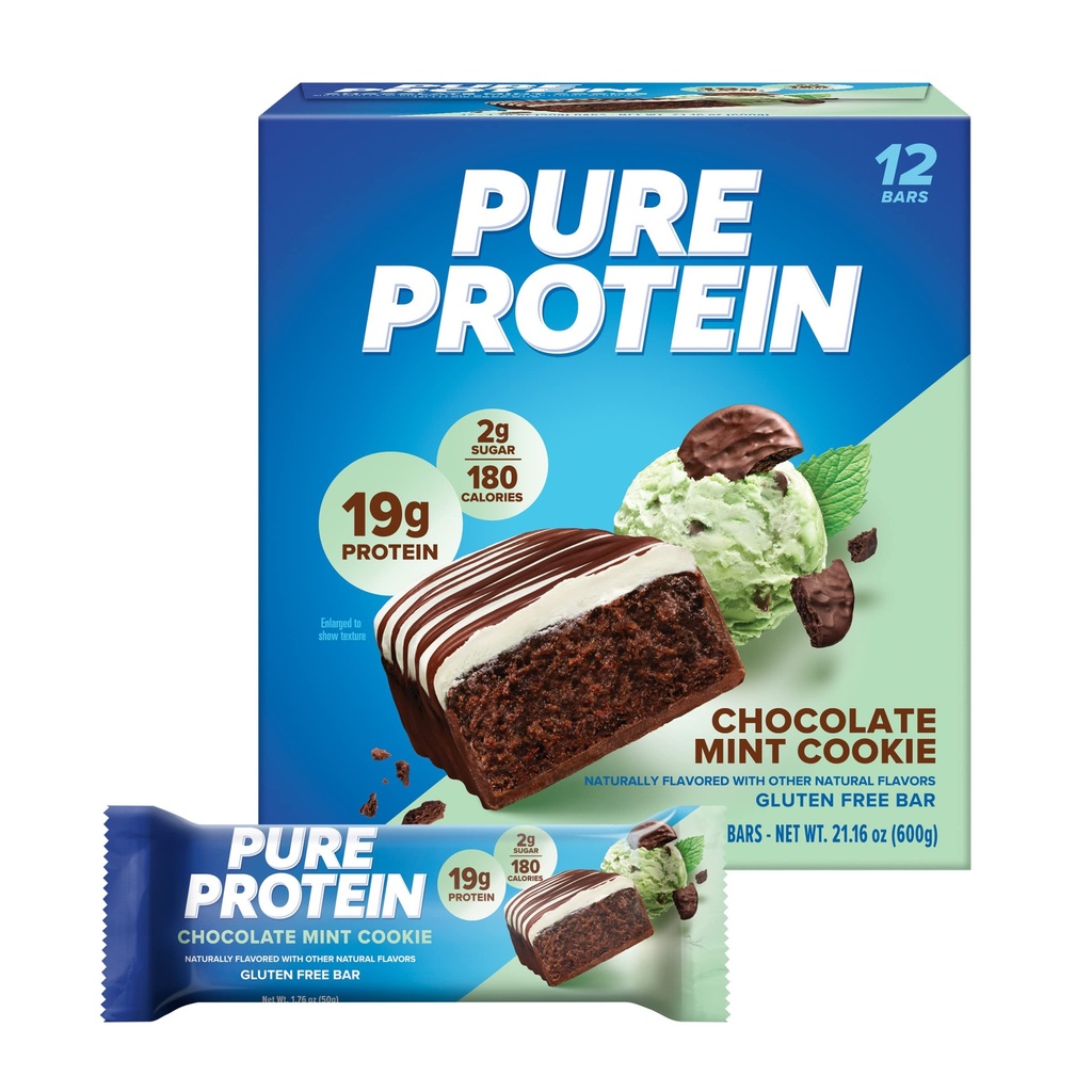 Pure protein Bars, Yüksek Protein, Nutritious Snacks to Support Energy, Low Sugar, Gluten free, Chocolate Mint Cookie,1.76oz, 12 Kont (Pazar Mayıs Vary)