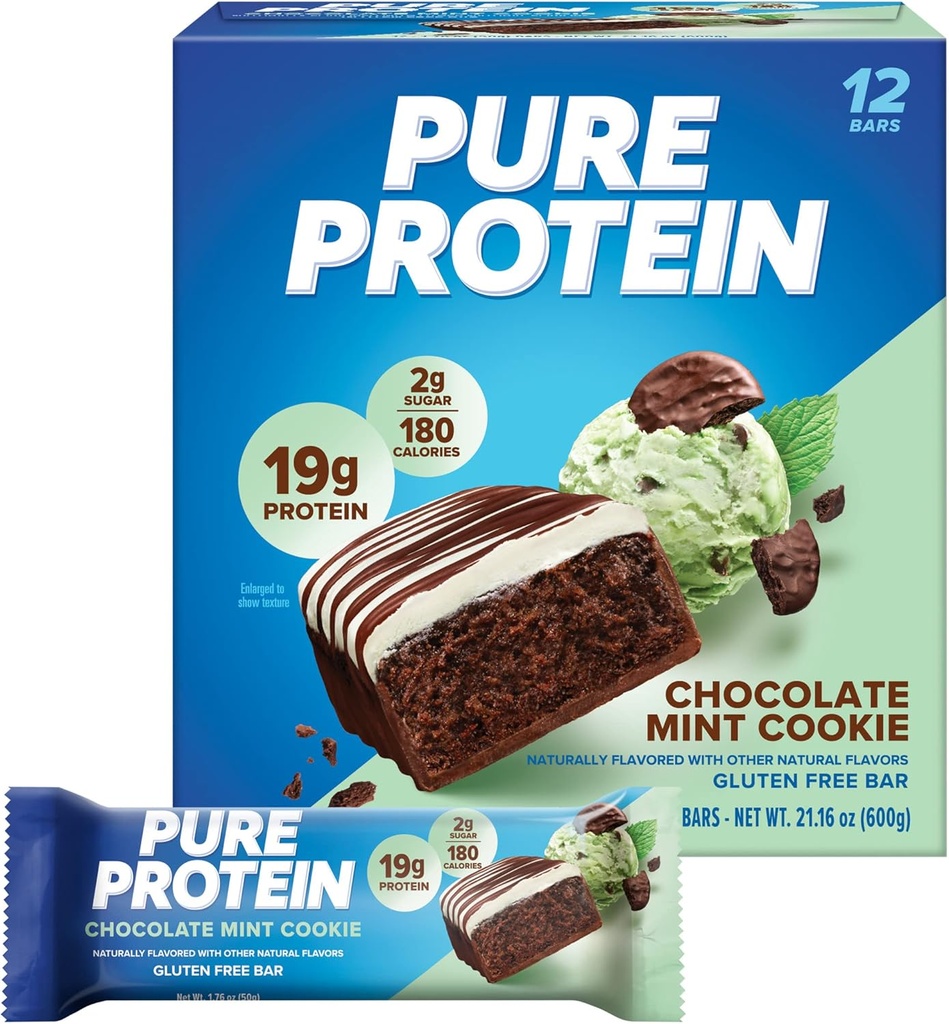 Pure protein Bars, Yüksek Protein, Nutritious Snacks to Support Energy, Low Sugar, Gluten free, Chocolate Mint Cookie,1.76oz, 12 Kont (Pazar Mayıs Vary)