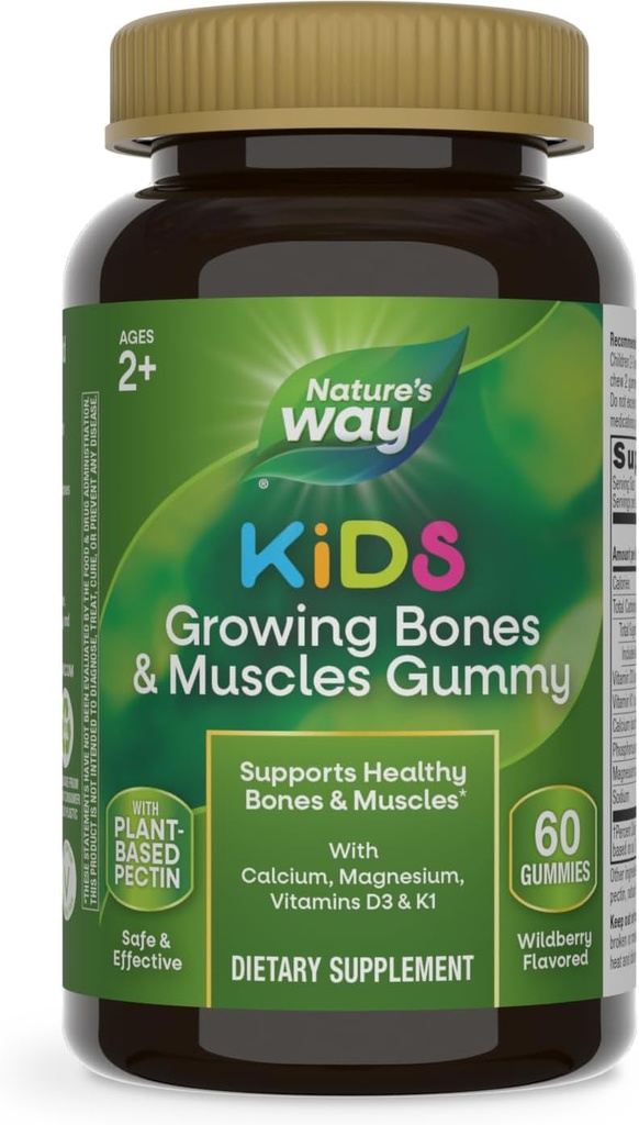 Nature's Way Kids Bones & Muscles Gummies, Sağlıklı Kemikler ve Kaslar*, Kalsiyum, Magnezyum, Vitaminler D3 & K1, 2+, Wildberry Flavored, 60 Gummies (Pazar Mayıs Vary)