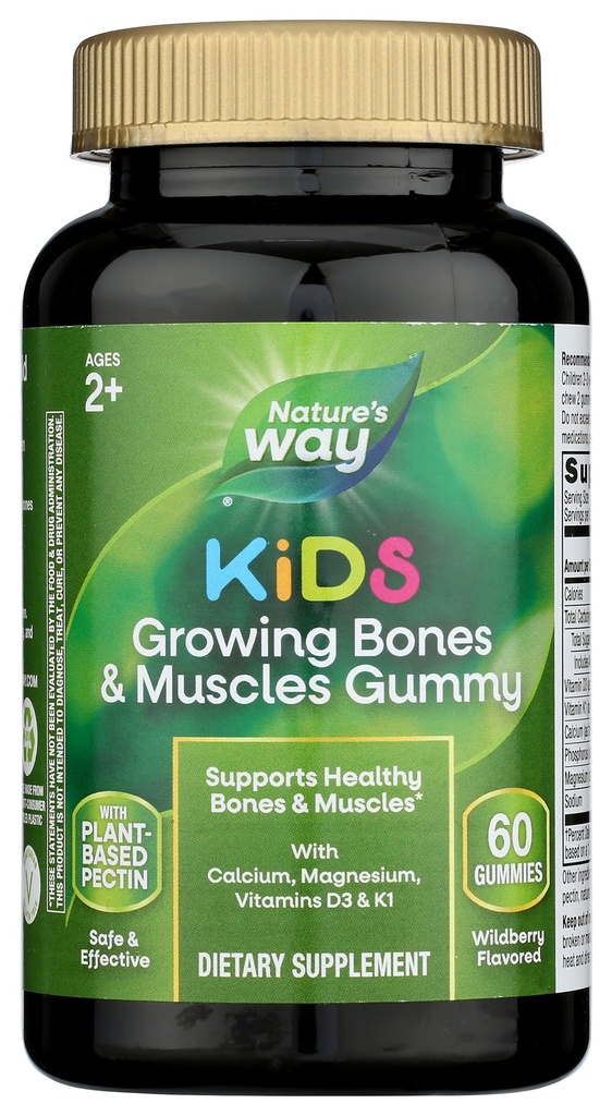 Nature's Way Kids Frowing Bones & Musles Gummies, Υποστηρίζει υγιή οστά & μύες*, ασβέστιο, μαγνήσιο, βιταμίνες D3 & K1, Ηλικίες 2+, Wildberry Γεύση, 60 Gummies (Packaging May Vary)