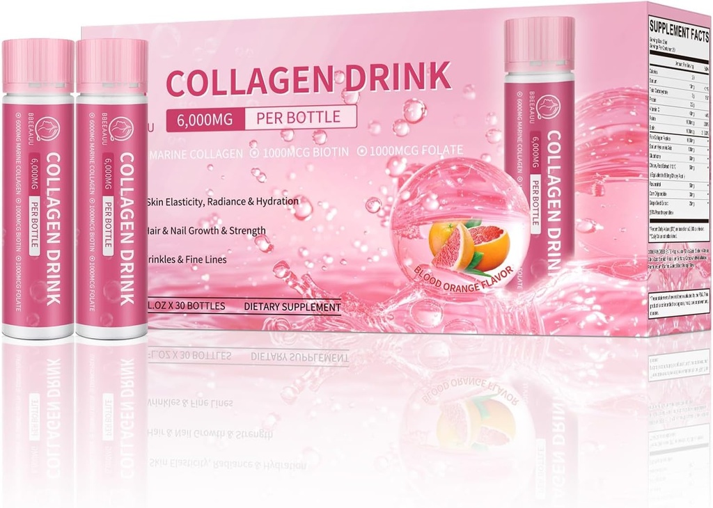 Collagen Drink with 6000 mg Marine Collagen,, Liquid Collagen Shots for Women Support Beauty, Collagen Supplements for Skin, Hair and Nail Wellness, 0.85 Fl.Oz(25 ml)x30 Şişeler, Blood Orange