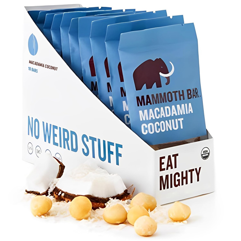 Mammoth Bar Macadamia Coconut Bar - 10 Organik Protein Barlar - Yüksek Fiber • Paleo • Gluten Ücretsiz • Yumurta Protein • GMO Free • Raw • Premium Nuts • Prebiyotik