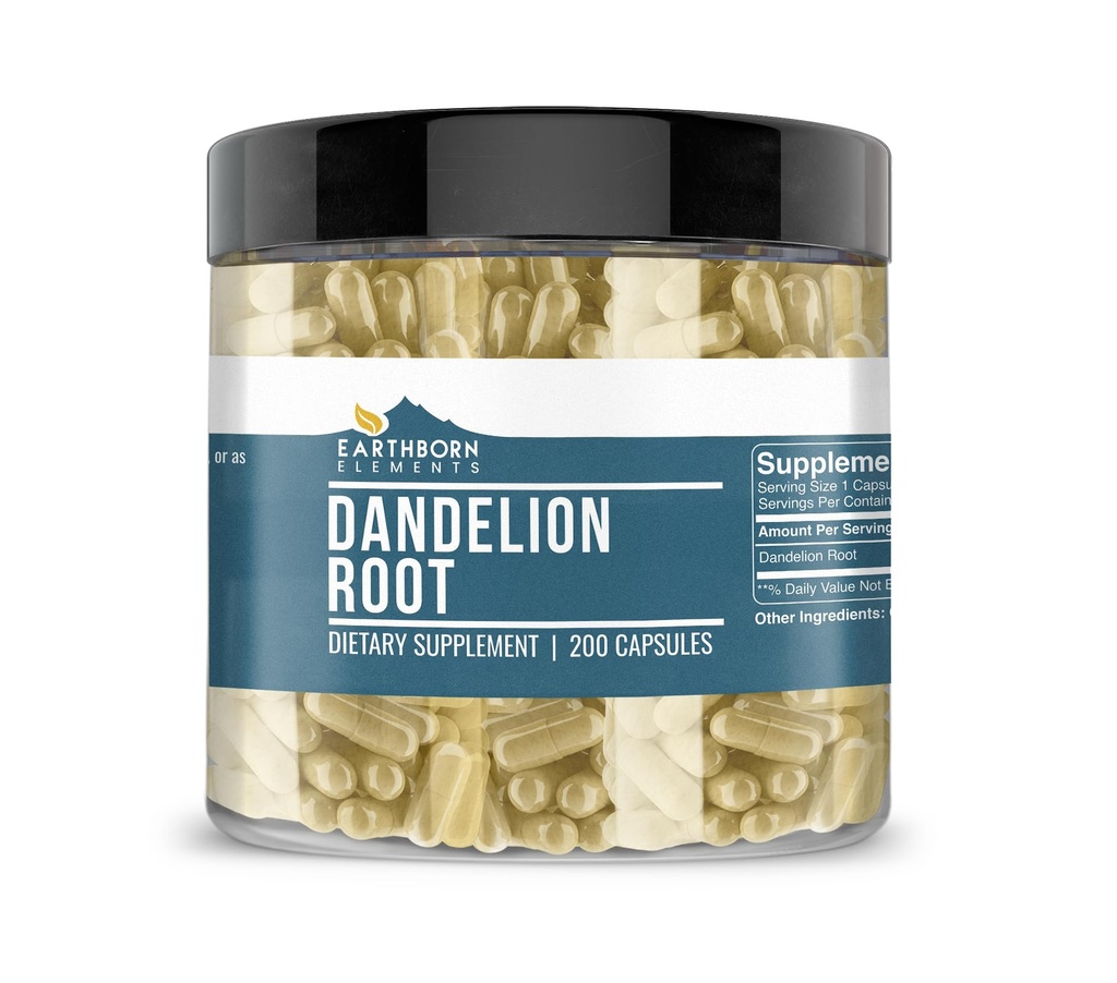 Earthborn Elements Dandelion Root 200 Capsules, Pure & Undiled, No Wordss