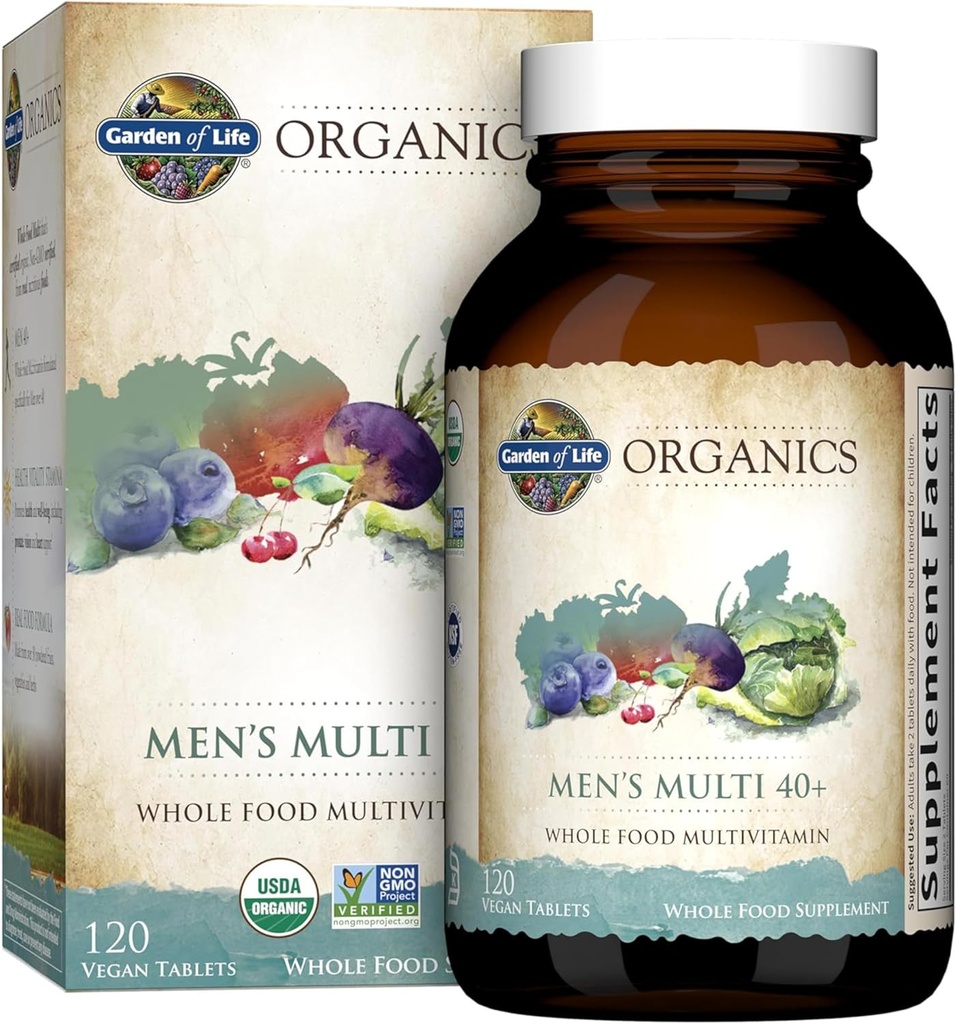 Life Organics Whole Food Multivitamin for Men 40+ 120 Tablet, Vegan Mens Multi for Health & Well-Being Certified Organic Whole Food Vitamins & Minerals for Men Over 40 Men Vitamins