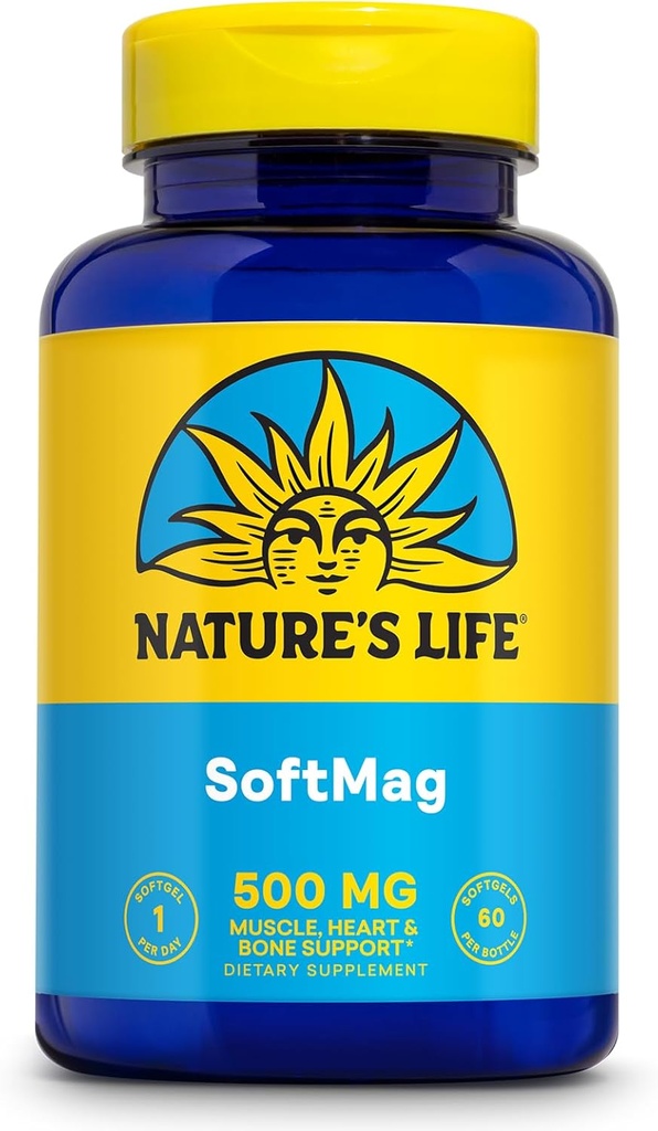 N:47'S LIFE SoftMag 500 mg - Kompleks - Bone Health, Muscle and Heart Health Support - Easy to Swallow Softgels - 60-Day Garanti, 60 Hizmet, 60