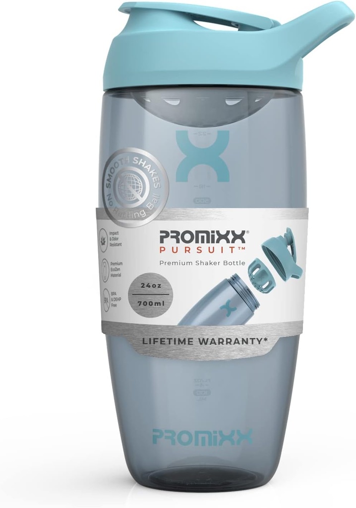 Promixx Pursuit protein Shaker Şişe (24 oz) – Silent No-Ball Mikser, Leak-Proof Lid, BPA/BPS & Phthalate-Free ECOZEN – Easy-Clean Shaker Cup for protein Shakes, Pre & Post-Workout-Workout