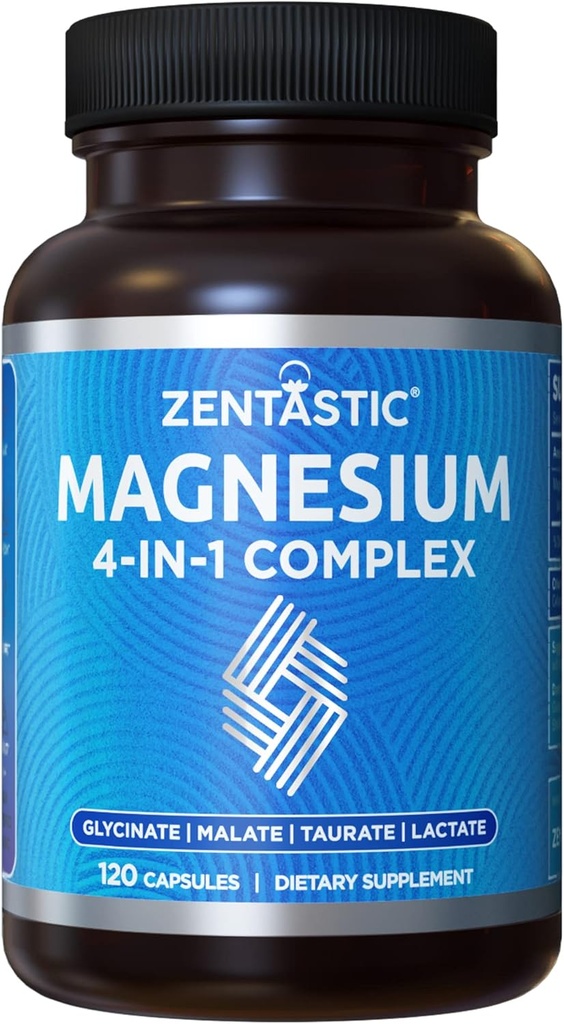 Zentastic Magnesium Complex 4-in-1 Supplement – Magnesium Glycinate, Malate, Taurate & Lactate – Chelated High Absorption for Nerves, Muscles, Bones & Immune Support – 120 Capsules