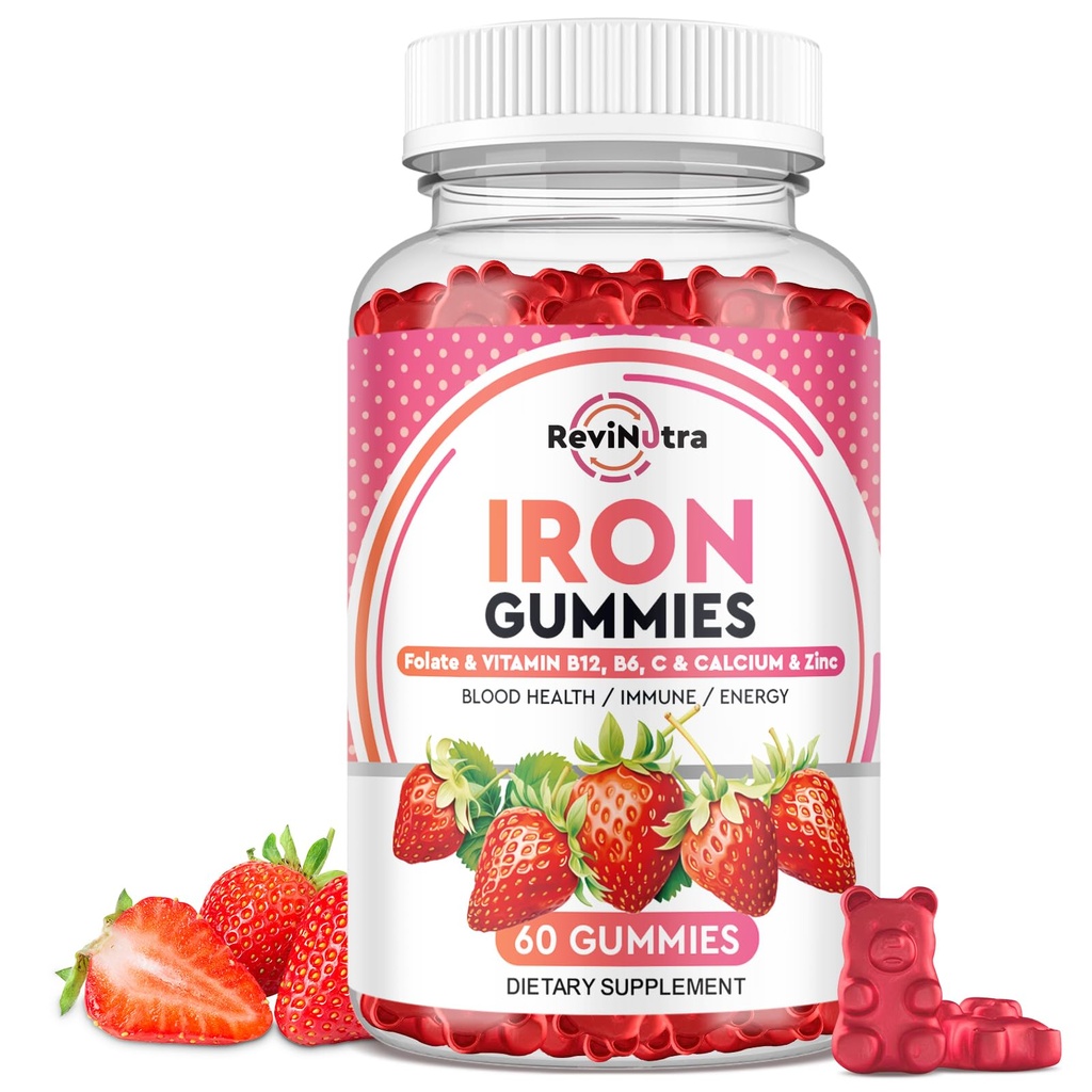 İronik Gummies - Kalsiyum, çinko, Folate & Vitamin B12, C,B6 Yetişkinler ve Çocuklar için - Blood Builder & Energy Support for Iron Deficiency, Anemi, Vegan - 60 Gummies
