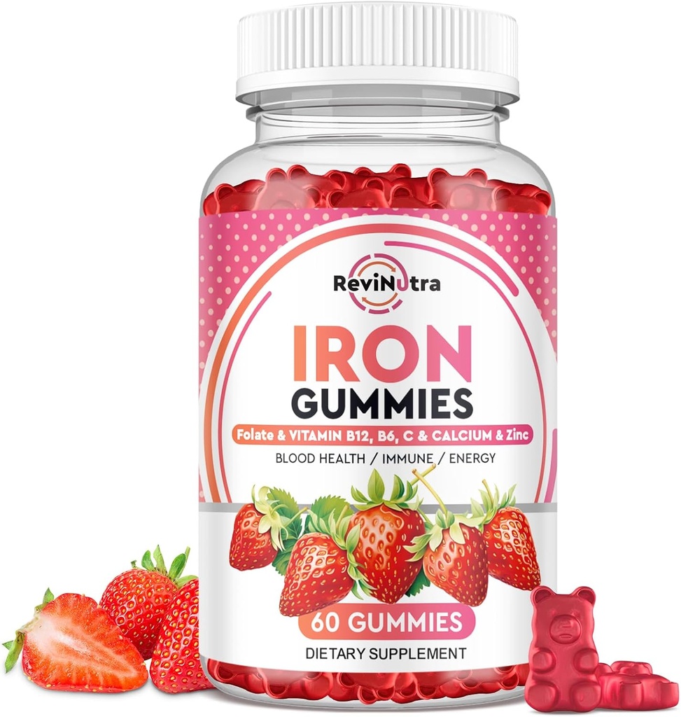 İronik Gummies - Kalsiyum, çinko, Folate & Vitamin B12, C,B6 Yetişkinler ve Çocuklar için - Blood Builder & Energy Support for Iron Deficiency, Anemi, Vegan - 60 Gummies