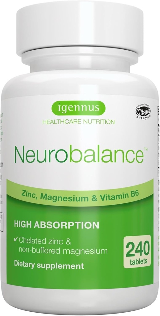 Igennus Neurobalance High Abxia çinko & B6 Kompleksi, Bilişsel Destek, Focus & Muscle Recovery, 24 mg Chelated çinko Picolinate, All Day Nutrient Delivery, Vegan, Non-GMO, 240 Tablet