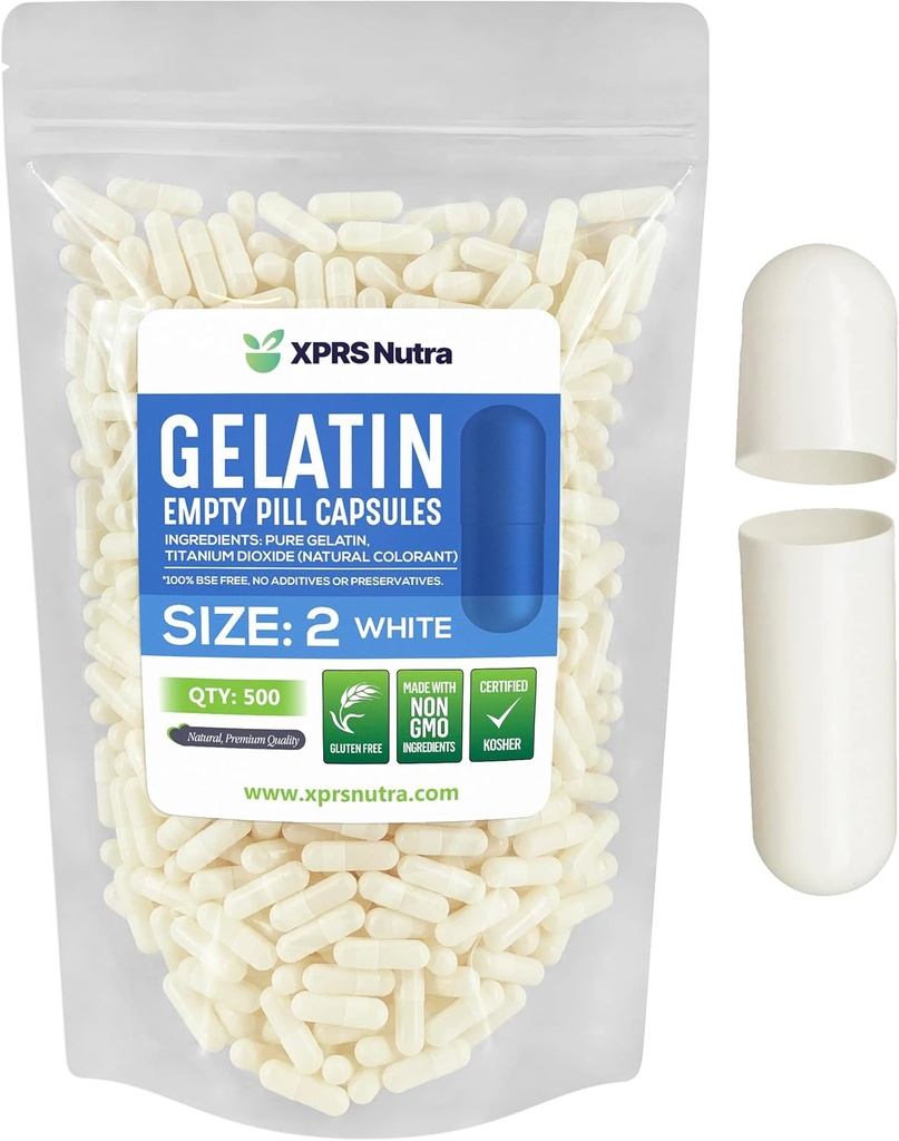 XPRS Nutra Boyutu 2 Boş Kapsüller - 500 Kont Boş Gelatin Capsules - Pills DIY Capsule - Pure Bovine Pill Gel Caps For Do-It- Yourself Supplements (Beyaz)