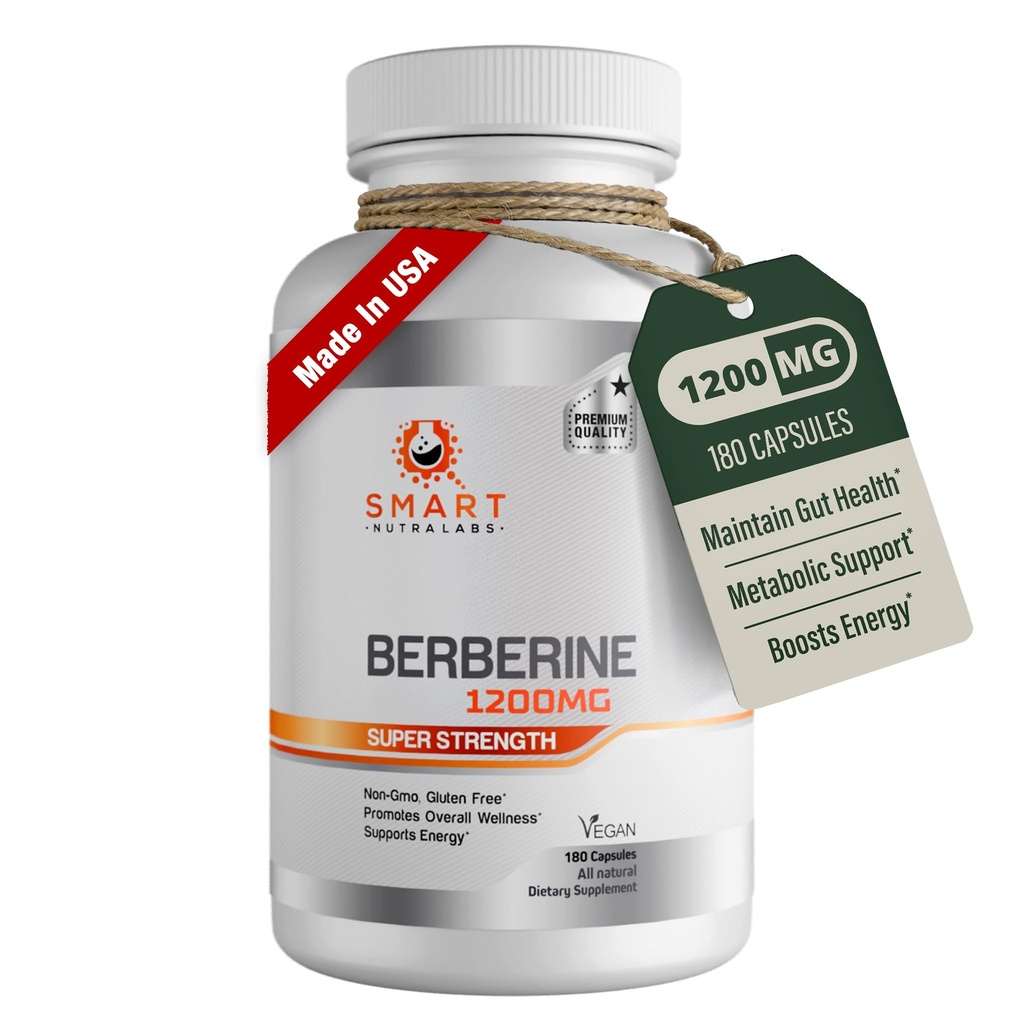 Smart Nutra Labs Premium Berberine HCL 1200mg- 180 Vegan Κάψουλες, 100% καθαρό συμπλήρωμα βερβερίνης - μη ΓΤΟ, Χωρίς γλουτένη