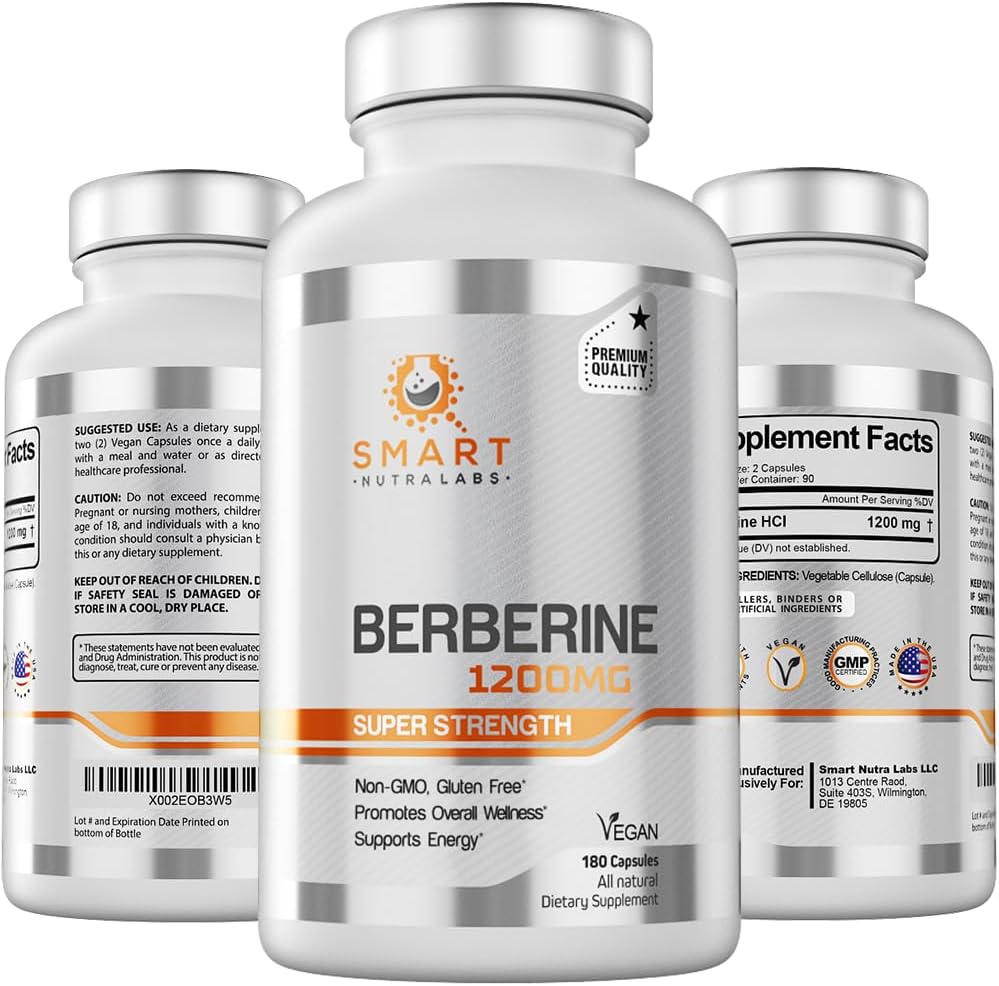Smart Nutra Labs Premium Berberine HCL 1200mg- 180 Vegan Κάψουλες, 100% καθαρό συμπλήρωμα βερβερίνης - μη ΓΤΟ, Χωρίς γλουτένη