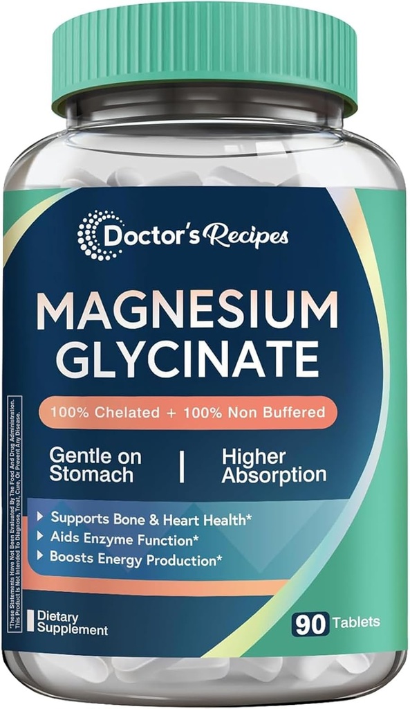 Doktor'un Tarifleri Magnezyum Glycinate, Chelated Magnezyum with High Abxia & Non-Buffered, Easy on Stomach, No Gluten, Bone, Nerve & Energy Support, 90 Tabletler