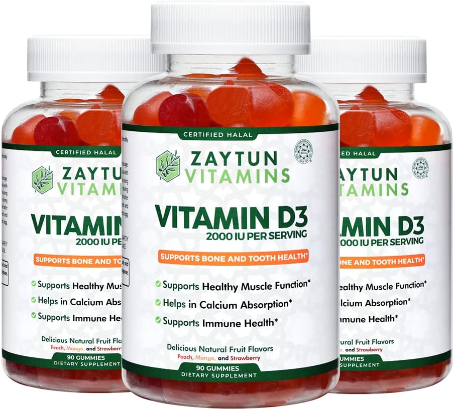 Zaytun Halal Vitamin D3 2000 IU Gummies, Υποστηρίζει την υγεία των οστών και του ανοσοποιητικού, προάγει τη λειτουργία των μυών, γλουτένη & Ζελατίνη Δωρεάν, (3-πακέτο) - Κατασκευάζεται στις ΗΠΑ