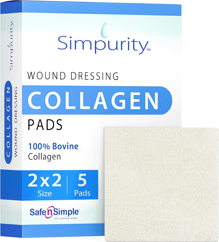 Collagen Dressing Pads - 2" x 2" 5 Yaralar için Kont Collagen Pads - Yara Bakımı için Reçetesiz Kolaj - Güvenli Yara Bakımı