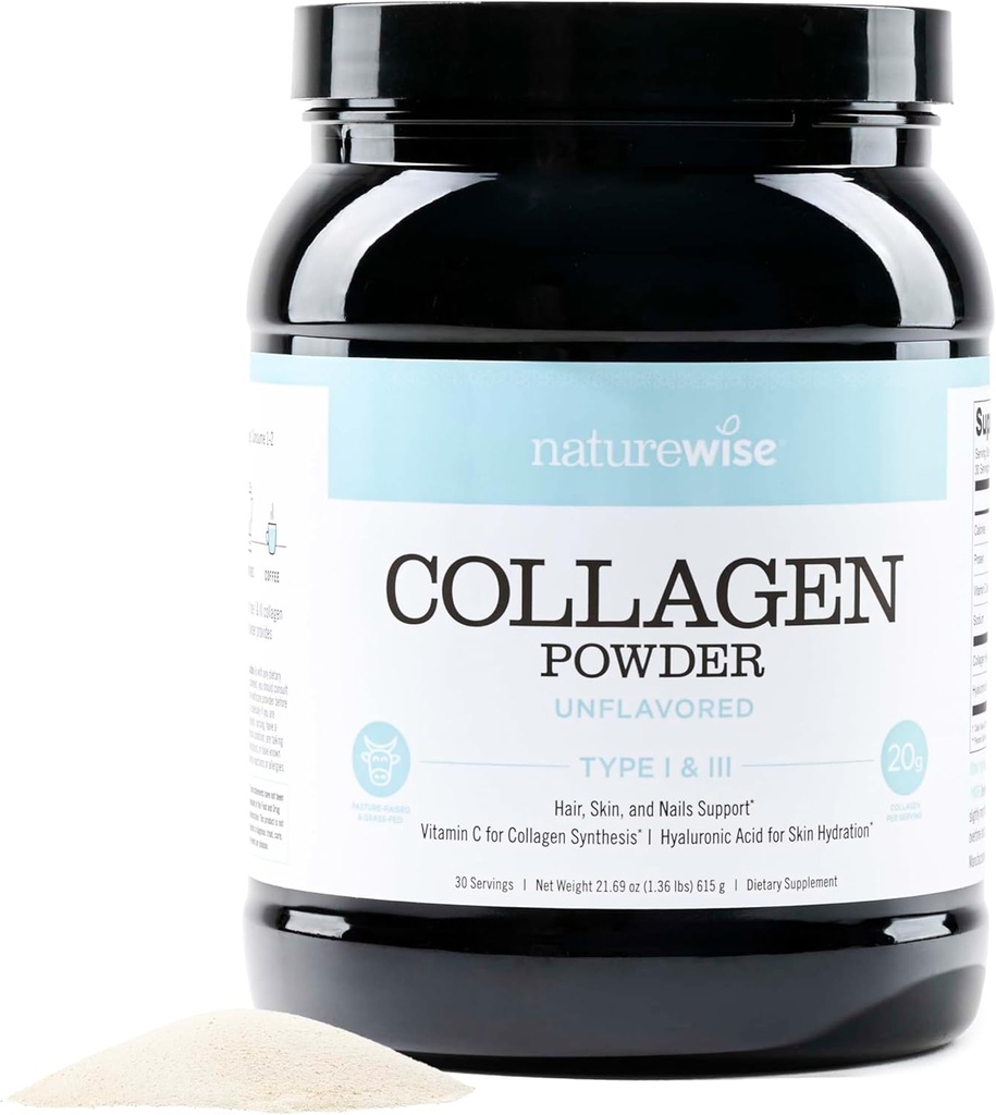 NatureWise Collage Peptides Σκόνη με Υαλουρονικό Οξύ και Βιταμίνη C - Χωρίς γεύση Κολλαγόνο Πεπτίδια για γυναίκες & άνδρες - Τύπος I & III για μαλλιά, δέρμα & νύχια - Ζάχαρη, γλουτένη & γαλακτοκομικά χωρίς - 30 Σερβιέτες