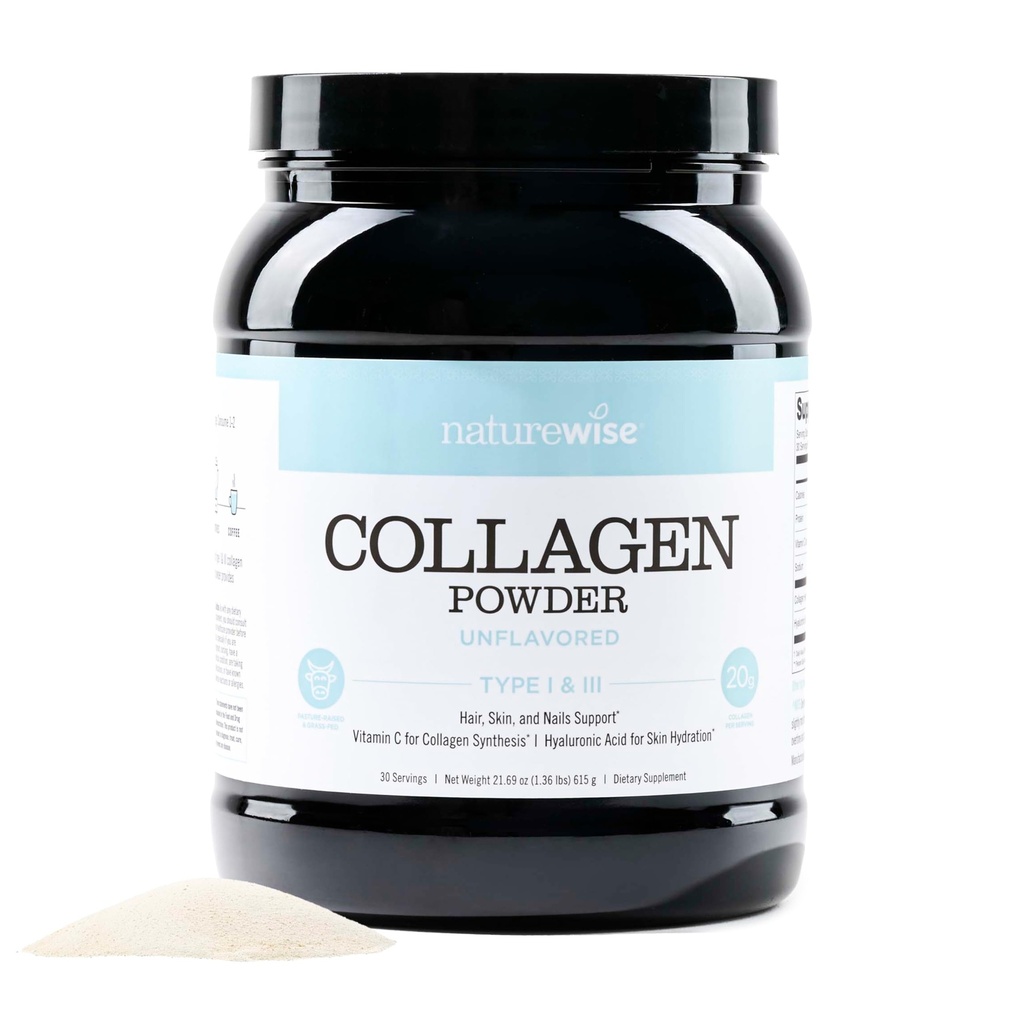 NatureWise Collagen Nail Toz on Hyaluronic Acid and Vitamin C - Kadın ve Erkekler için Unflavored Collagen Peptides - Tip I & III for Hair, Skin & Nails - Sugar, Gluten & Dairy - 30 Servisler
