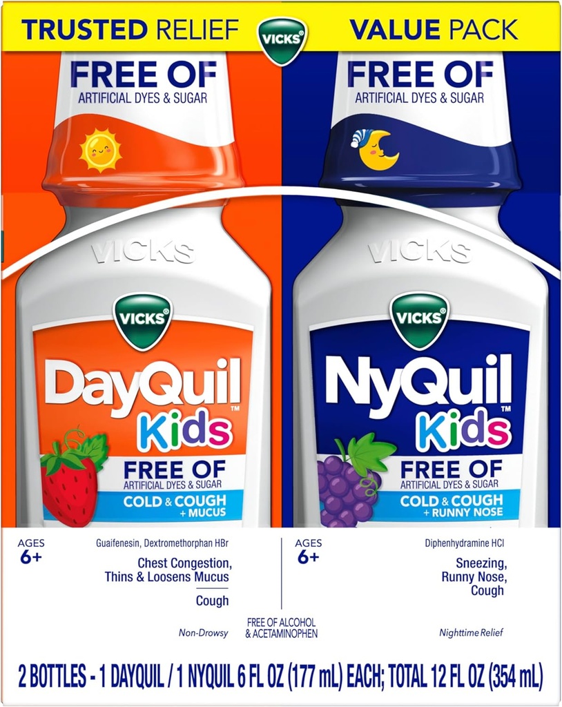 Vicks Kids DayQuil & NyQuil Cold & Cough Relief Liquid Co-Pack, Free of Yapay Dyes & Sugar, Multi-Symptom Relief of Cough, Sneezing, Runny Nose, Mucus, and Chest Congestion, for Ages 6+, 2x6oz